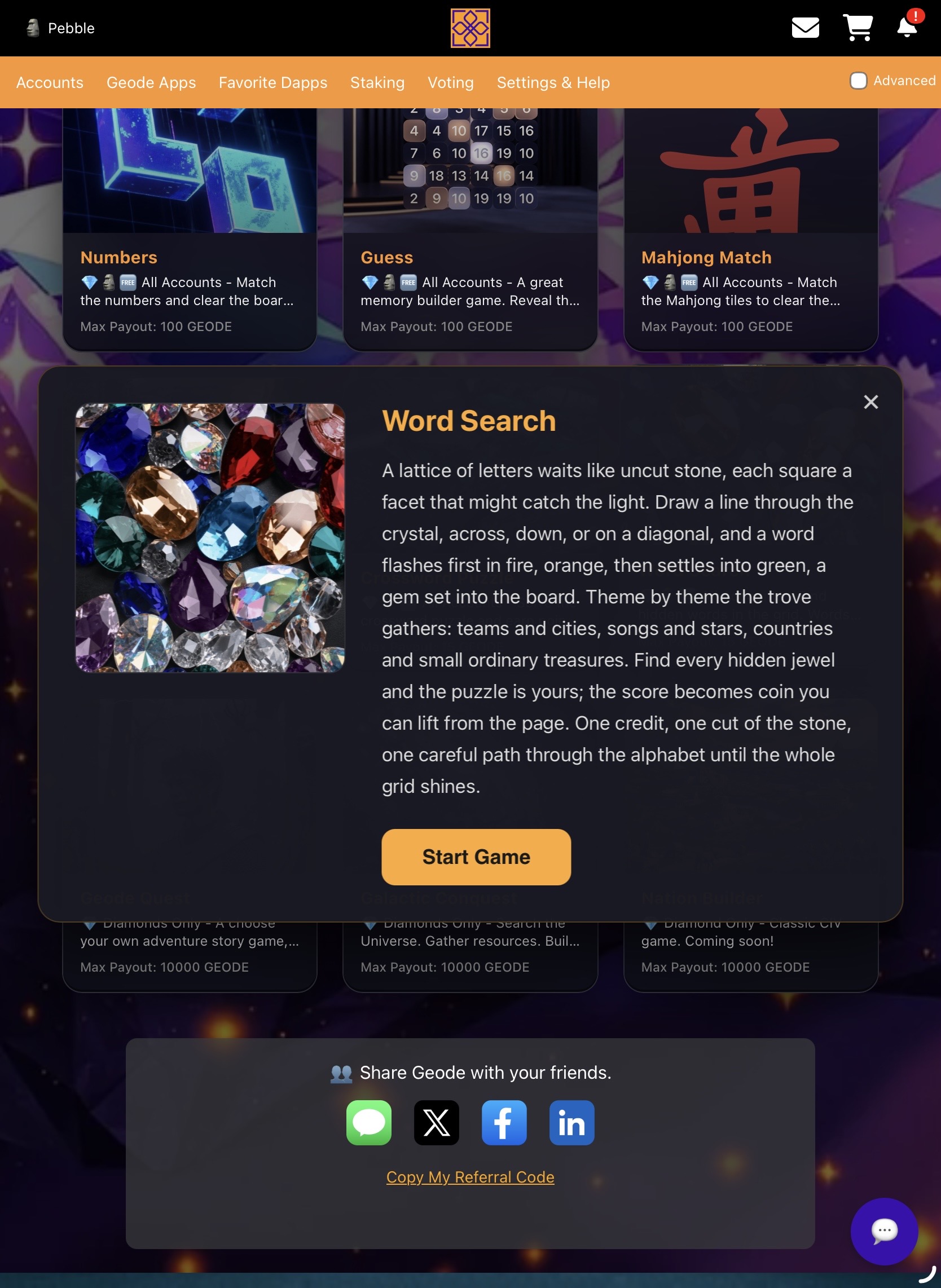 Word Search intro screen in Geode Gaming