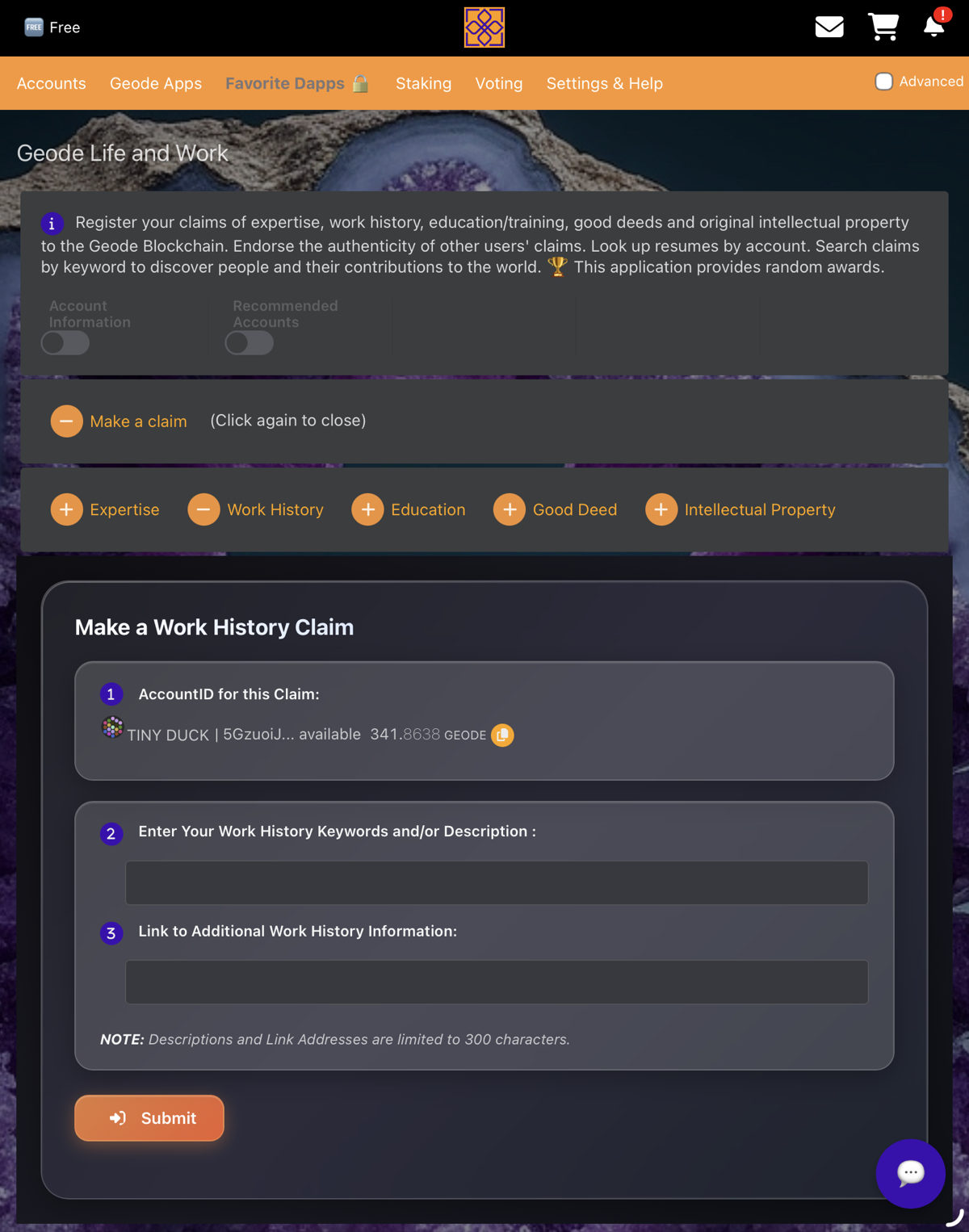 Making a claim in Geode Life and Work — choosing expertise, work history, education, good deeds, or intellectual property