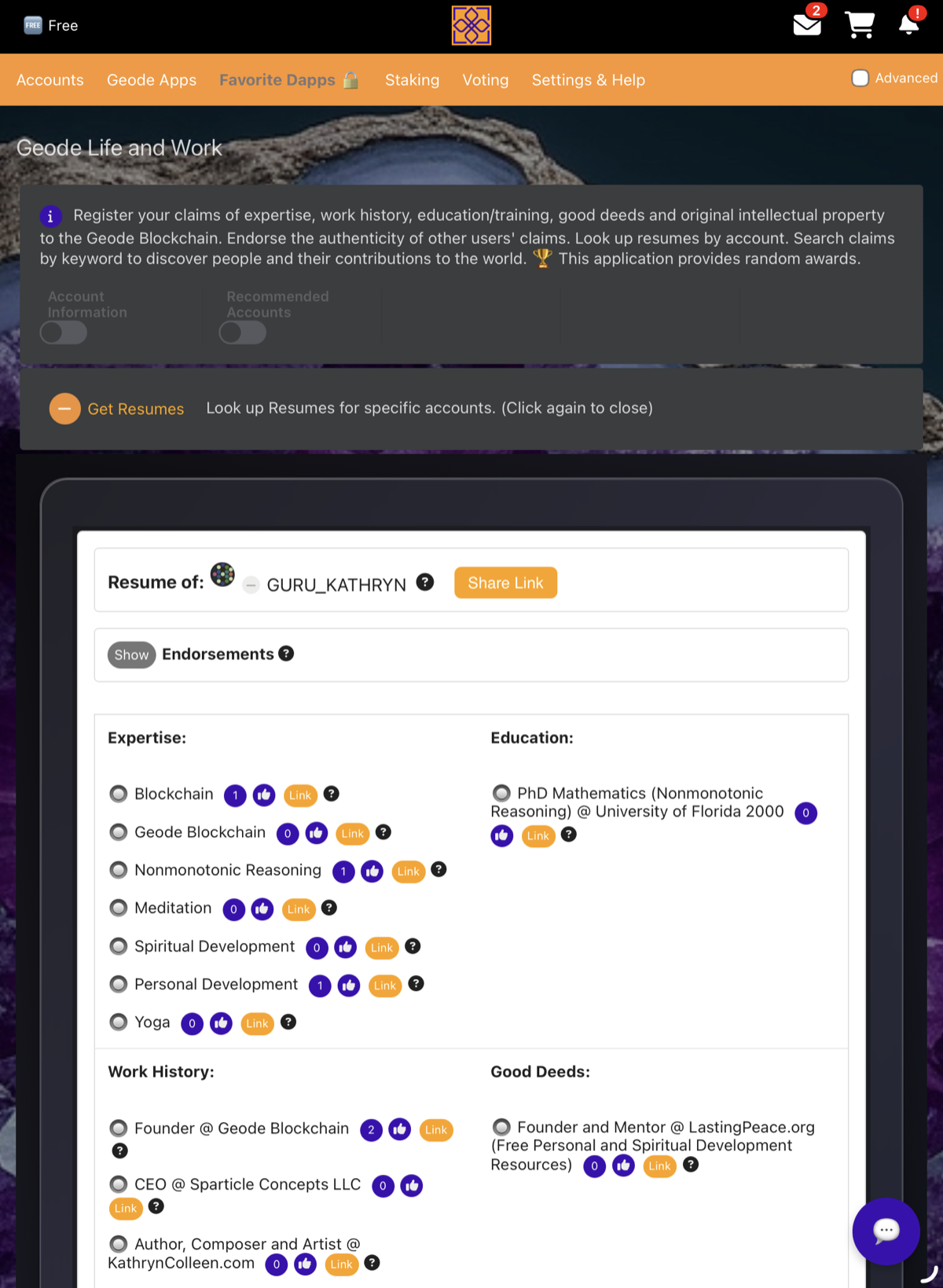 A Geode Life and Work profile showing work history and credentials