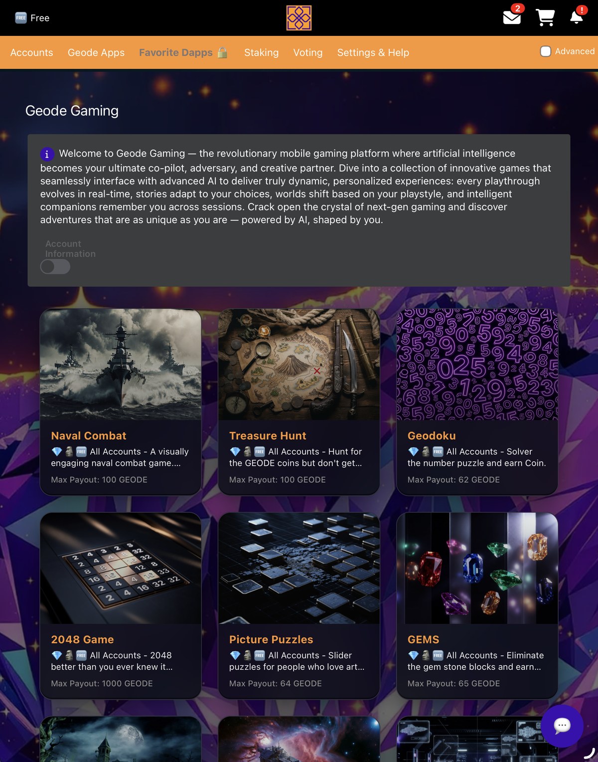 The Geode Gaming arcade: a welcome note about AI-powered play above game cards for Naval Combat, Treasure Hunt, Geodoku, 2048, Picture Puzzles and GEMS.