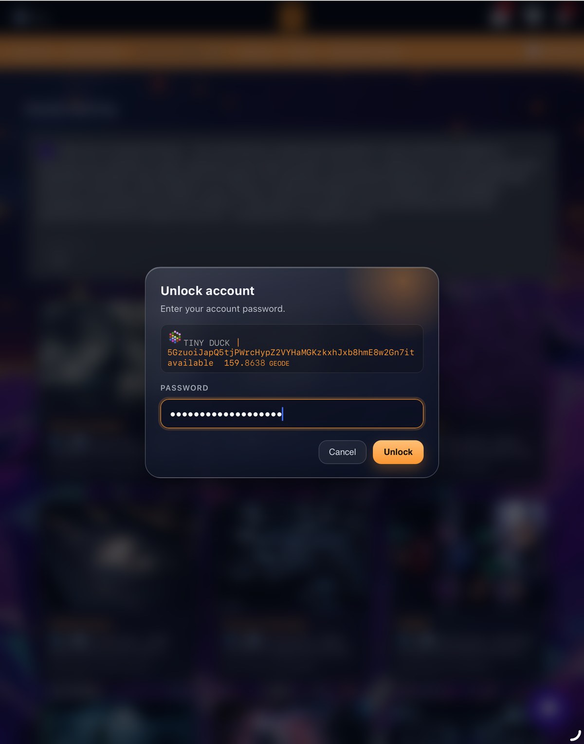 The Unlock account window, where you enter your Geode account password before playing.