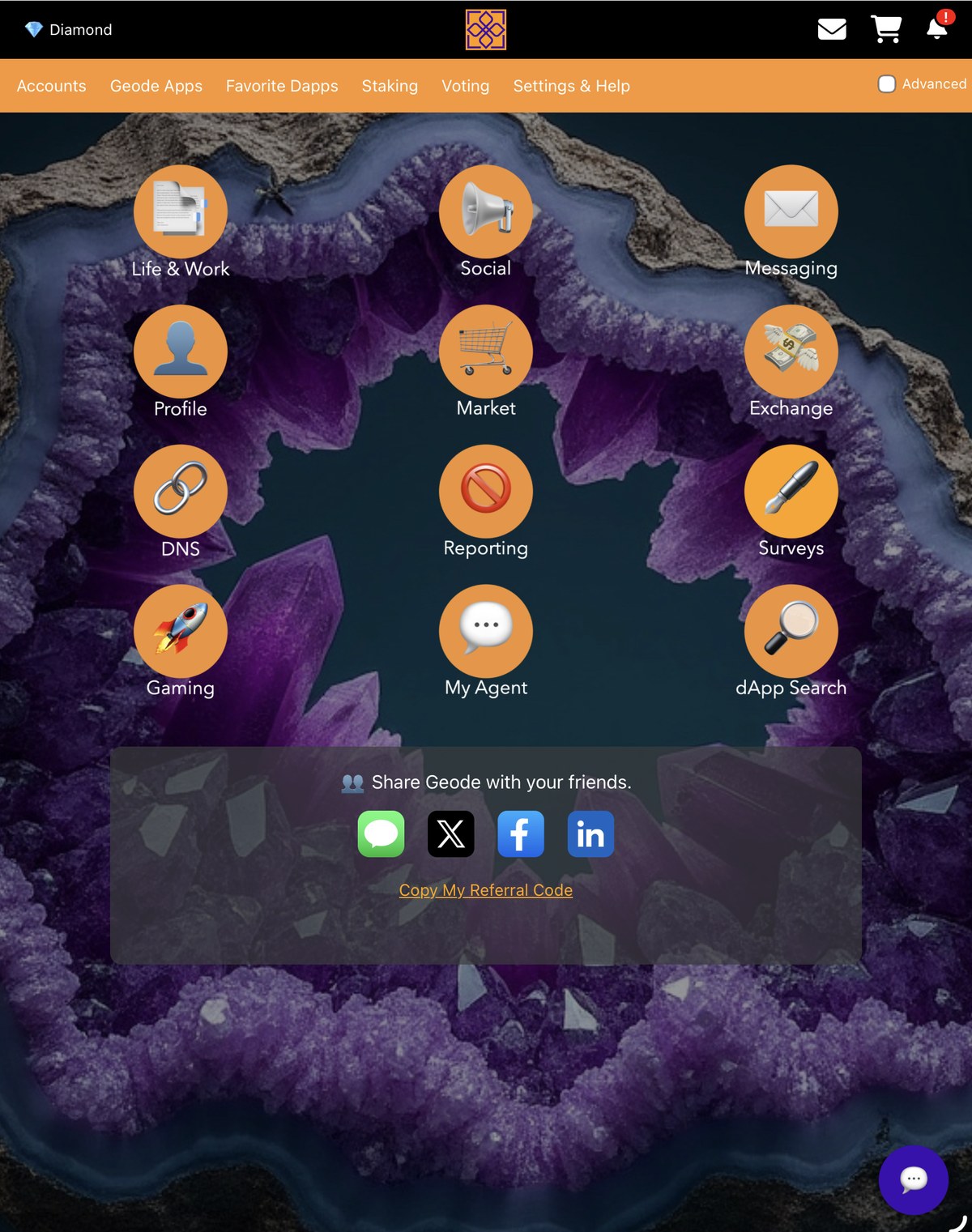 The Geode Apps home screen, with the rocket-shaped Gaming icon in the lower left.